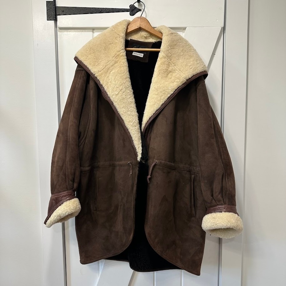 Vintage Carlos Falchi Womens Coat Brown Faux Shearling Lined Suede Hooded Jacket